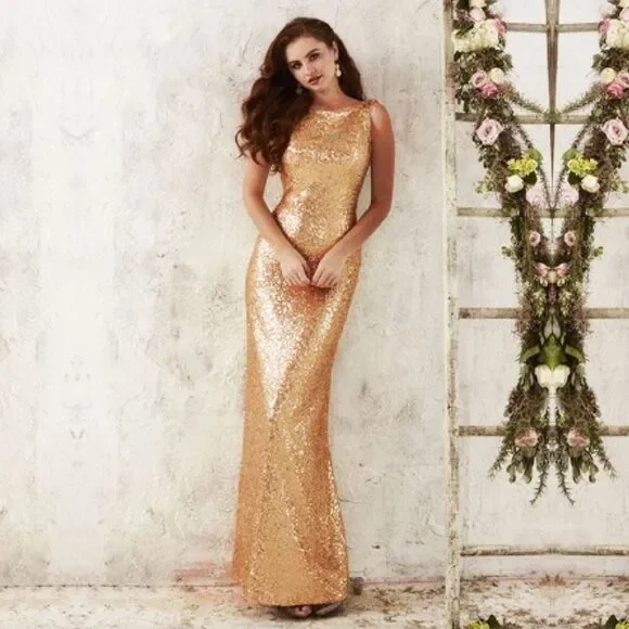 Christina Wu Rose Gold Sequin Dress (6) Bateau Neck Open Back Formal Gown 22704 - Picture 13 of 14